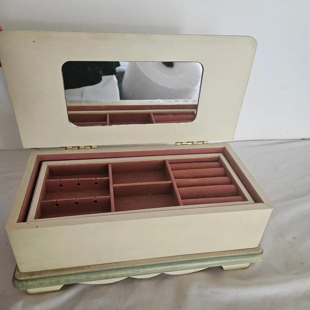 Vintage Floral Wood Jewelry Box Cream Green Hand Painted Mirror Removable Tray